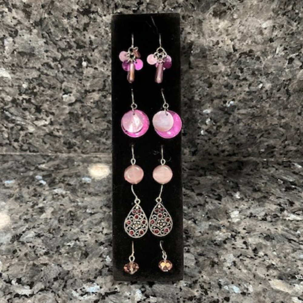 5 pairs of Different Shades of Purple dangle earrings